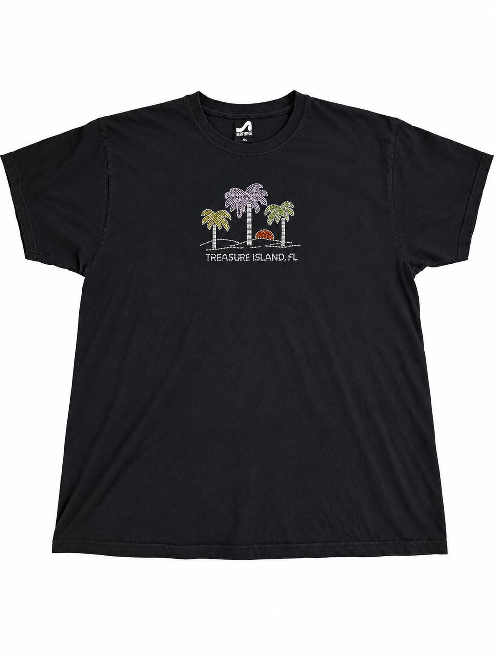 Surf Style Treasure Island FL Black Palm Tree Graphic T-Shirt 2XL Bling